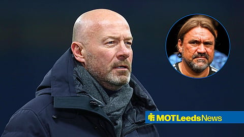 Main image of Alan Shearer and Leeds United manager Daniel Farke's face in a circular inset on the right