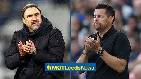 Leeds boss Daniel Farke and Crystal Palace manager Pierre Sage in a 50/50 image