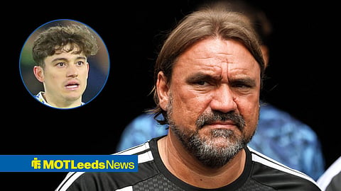Main image of Daniel Farke looking on and Leeds United winger Dan James' face in a circular inset on the left