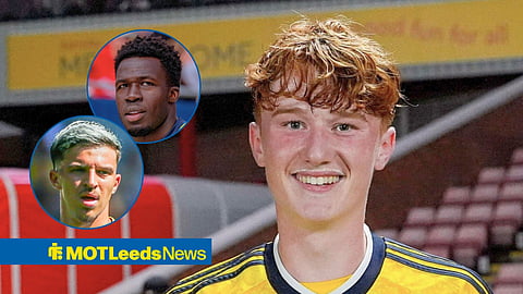 Main image of Leeds United Under-21 attacking Callum Mills smiling and Wilfried Gnonto and Tarik Muharemovic's faces in circular insets on the left