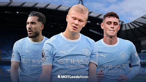 Rayan Cherki, Erling Haaland and Phil Foden playing for Man City, with the Etihad Stadium behind them