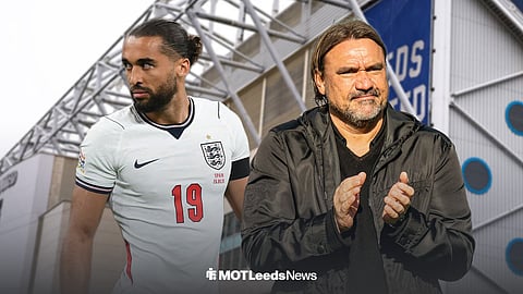 Dominic Calvert-Lewin in an England shirt and Daniel Farke looking on outside Elland Road, home of Leeds United.