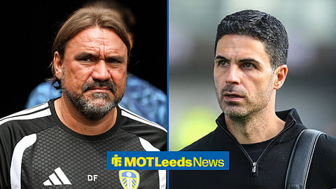 Daniel Farke looking concerned on the left, with Mikel Arteta to his right in a split image