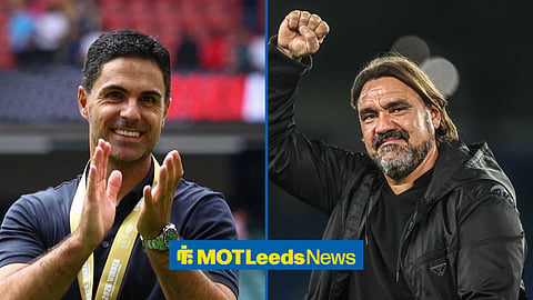 Mikel Arteta applauding on the left, while Daniel Farke also celebrates to his right in a split image