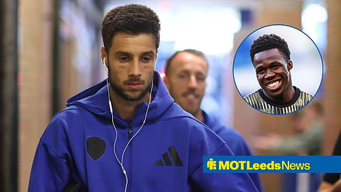 Ilia Gruev arriving at Leeds United game straight-faced with Willy Gnonto grinning in circular inset