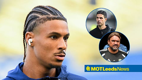 Jean-Matteo Bahoya ahead of a Leeds game, with Daniel Farke and Mikel Arteta in circular frames inset