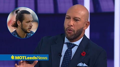Main image of Tim Howard speaking in studio and Leeds United goalkeeper James Trafford's face in a circular inset on the left