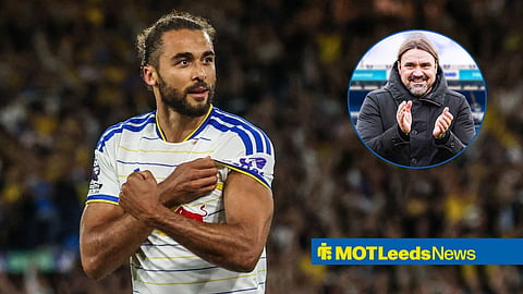 An image of Dominic Calvert-Lewin celebrating a goal for Leeds, alongside a smaller picture of Daniel Farke smiling.