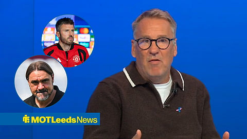Paul Merson speaking on Sky Sports, with Daniel Farke and Michael Carrick in circular frames inset