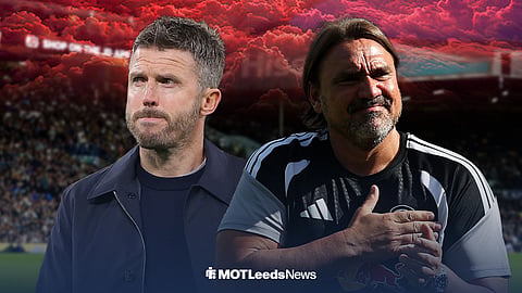 Michael Carrick anxious alongside smiling Daniel Farke ahead of Elland Road with red sky and clouds gathering