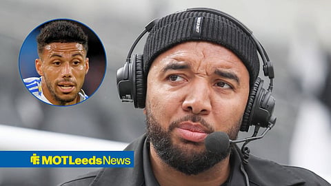 Main image of Troy Deeney and Leeds United defender James Justin's face in a circular inset on the left