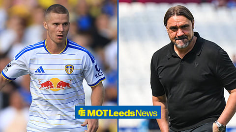 A 50:50 image. On the left is Leeds defender Nico Elvedi in action. On the right is Leeds boss Daniel Farke with his hands in his pockets.