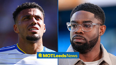 A 50:50 image. On the left is James Justin looking to the sky while playing for Leeds. On the right is Micah Richards looking stern.