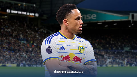Noah Okafor celebrating with arms folded for Leeds United ahead of Elland Road