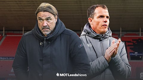 Regis Le Bris on the right, Daniel Farke on the left and the Stadium of Light behind them