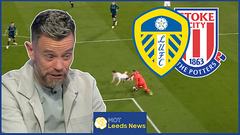 Dan James is brought down in the Stoke box. Credit: Sky Sports
