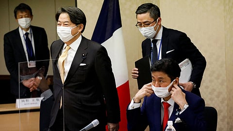 Japan's Foreign Minister Yoshimasa Hayashi and Defence Minister Nobuo Kishi and their French counterparts Jean-Yves Le Drian and Florence Parly (not pictured) attend a video conference at the Foreign Ministry in Tokyo, Japan January 20, 2022