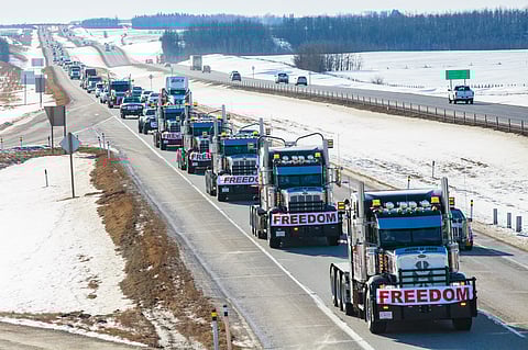 FREEDOM convoy taken in Central Alberta on their way to the Legislature Building in Edmonton, Alberta.