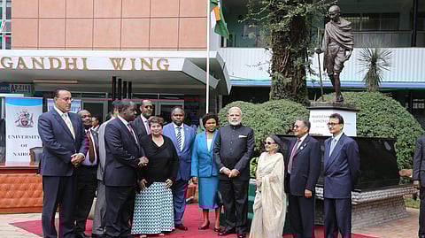 FILE PHOTO: Indian Prime Minister Narendra Modi posing for a photo before the Gandhi statue during his visit to the University of Nairobi in 2016