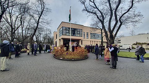 Flag hoisting ceremony at the Indian Embassy, Warsaw, Poland on Jan. 26, 2022.