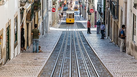 A view of Lisbon's famous yellow Cablecar 'Elevador da Bica.'