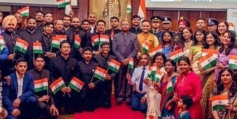Acting High Commissioner Sujith Ghosh, with the Indian diaspora at the India House in London on the occasion of the Indian Independence Day celebrations / Aug. 15, 2022.