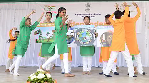 Indian-origin children performing the soil conservation awareness dance at the Indian Independence day event in Dar es Salam, Tanzania, on 15 Aug. 2022