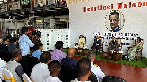Gopal Baglay, the high commissioner of India to Sri Lanka, interacts with the participants at the Gandhi birth anniversary event at the Lanka Indian Oil Corporation, Trincomalee, Sri Lanka, Oct 2.
