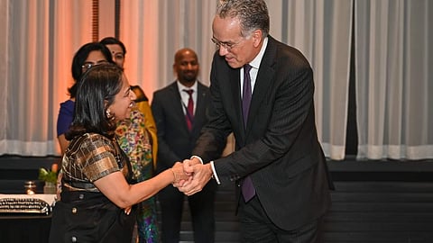 Reenat Sandhu, Ambassador of India to the Netherlands, receives Paul Huijts, secretary general of the Dutch Ministry of Foreign Affairs, at the Republic Day reception hosted by the Embassy of India in Hague, Netherlands, on Jan. 26