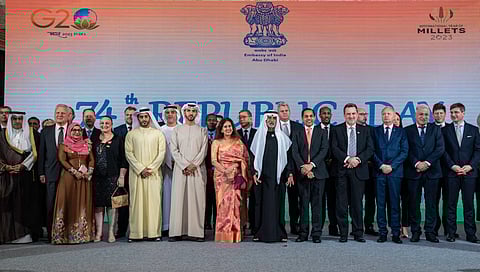 Indian Ambassador Sunjay Sudhir with UAE's Minister of Tolerance and Coexistence Sheikh Nahyan bin Mubarak Al Nahyan and other dignitaries during the Republic Reception held by the Indian Embassy in Abu Dhabi, United Arab Emirates, Thursday, Jan. 26, 2023.