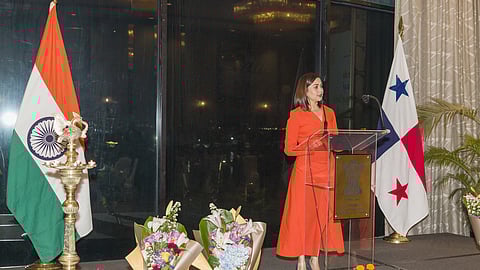 Panama's Minister of External Relations, Janaina Tewaney Mencomo, addresses the audience at a reception hosted by the Indian Embassy to commemorate India's 74th Republic Day at Hotel Intercontinental Miramar, Panama City, Panama, on Jan. 26.