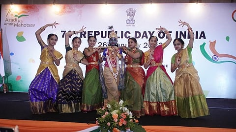 A traditional Indian dance performance staged by Jawahar Lal Nehru Indian Culture Centre in Jakarta at the Indian Republic Day celebration held at The Ritz-Carlton Jakarta. Jan 26, 2023.