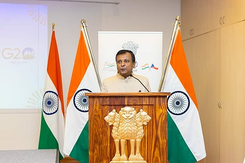Indian Ambassador Hemant Kotalwar addresses the audience during India's 74th Republic Day celebrations in Prague, Czech Republic, Thursday, Jan. 26, 2023