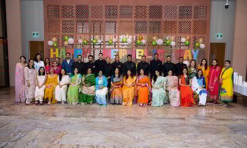High Commissioner Neeta Bhushan poses for a photograph with the Indian diaspora in New Zealand during the Republic Day Celebrations held at the Indian High Commission in Wellington, New Zealand, on Jan. 26, 2023.