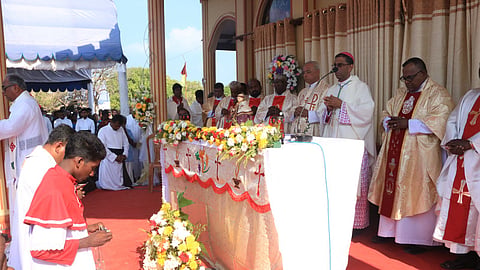 Priests from India and Sri Lanka celebrate a special Mass in honor of the patron saint of fishermen, St. Anthony of Padua, during the St. Anthony's Festival in Kachchateevu, Sri Lanka, on March 4