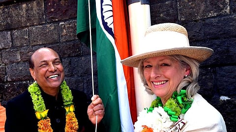 Indian Honorary Consul Raj Aggarwal hoists the Indian Tricolor at Cardiff Castle during the 76th-anniversary celebration of India's independence on Aug. 15.