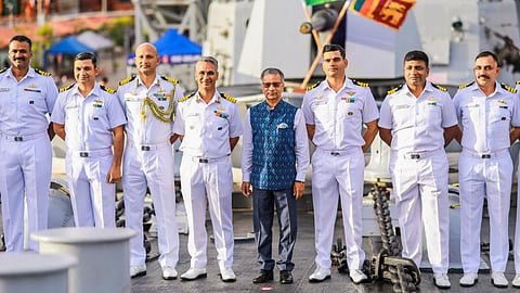 Indian High Commissioner Gopal Baglay joins INS Delhi Commanding Officer Capt. Abhishek Kumar and crew onboard the Indian destroyer's goodwill stop in Colombo, 2 Sept. 2023.