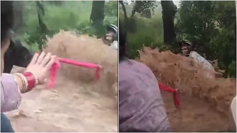 A newlywed woman used her dupatta to help rescue a biker trapped in a flash flood.