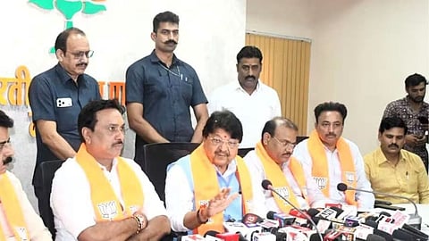 Madhya Pradesh Minister Kailash Vijayvargiya addresses a press conference in Indore about BJP programmes.