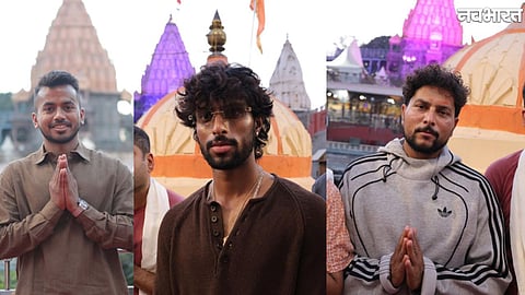 Kuldeep Yadav and Tilak Varma with hockey player Vivek Prasad at Mahakaleshwar Temple