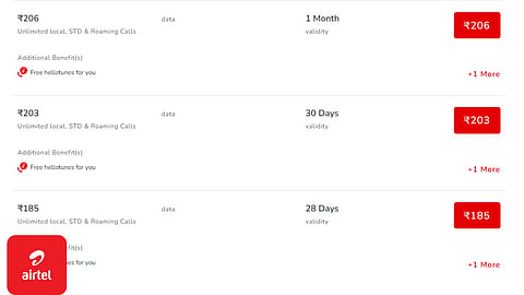 Airtel voice-only prepaid plans ₹185, ₹203, and ₹206 recharge plans