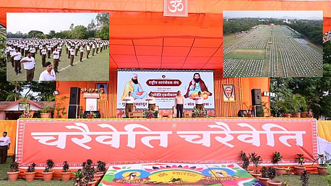 RSS Sah-Sarkaryavah Atul Limaye addresses volunteers at the Charaiwati Ekatrikaran event.
