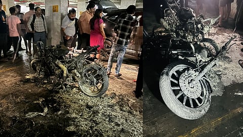 ग्रेटर नोएडा की फ्यूजन सोसायटी में लगी आग, कई गाड़ियां जलकर हुईं राख