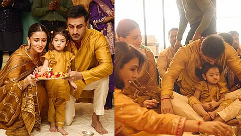 Ranbir kapoor Alia bhatt celebrates Diwali with family cute Raha was twinning with parents in yellow outfit