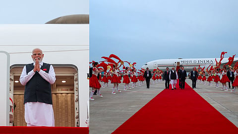 pm-modi-china-visit-sco-summit-arrives Tianjin yesterday meet xi jinping putin