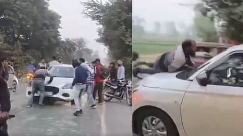 A minor altercation in Saharanpur turned into a dangerous road rage incident in which a young man riding a bike was dragged for 500 metres on the bonnet of a car.