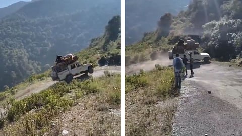 An overloaded vehicle in Uttarakhand narrowly avoided toppling over on a sharp hill bend, sparking widespread concern about road safety after the video went viral.