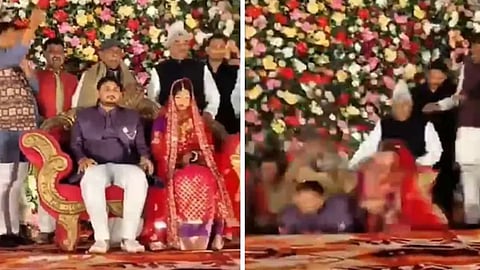 A video of a stage collapse during a wedding in Ballia has gone viral, although no one was injured in the accident.