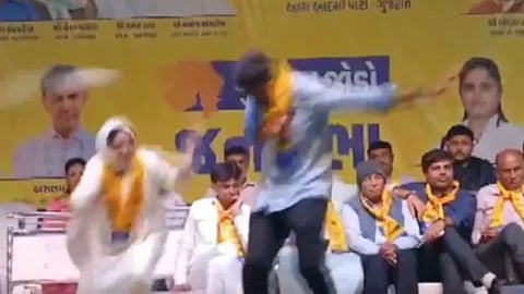 A man threw a shoe at AAP MLA Gopal Italia during a rally, leading to chaos as workers caught and beat him.