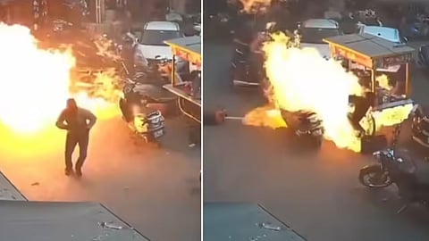 A cylinder caught fire while being replaced in Delhi’s Shahdara market, triggering panic; the CCTV video has gone viral.